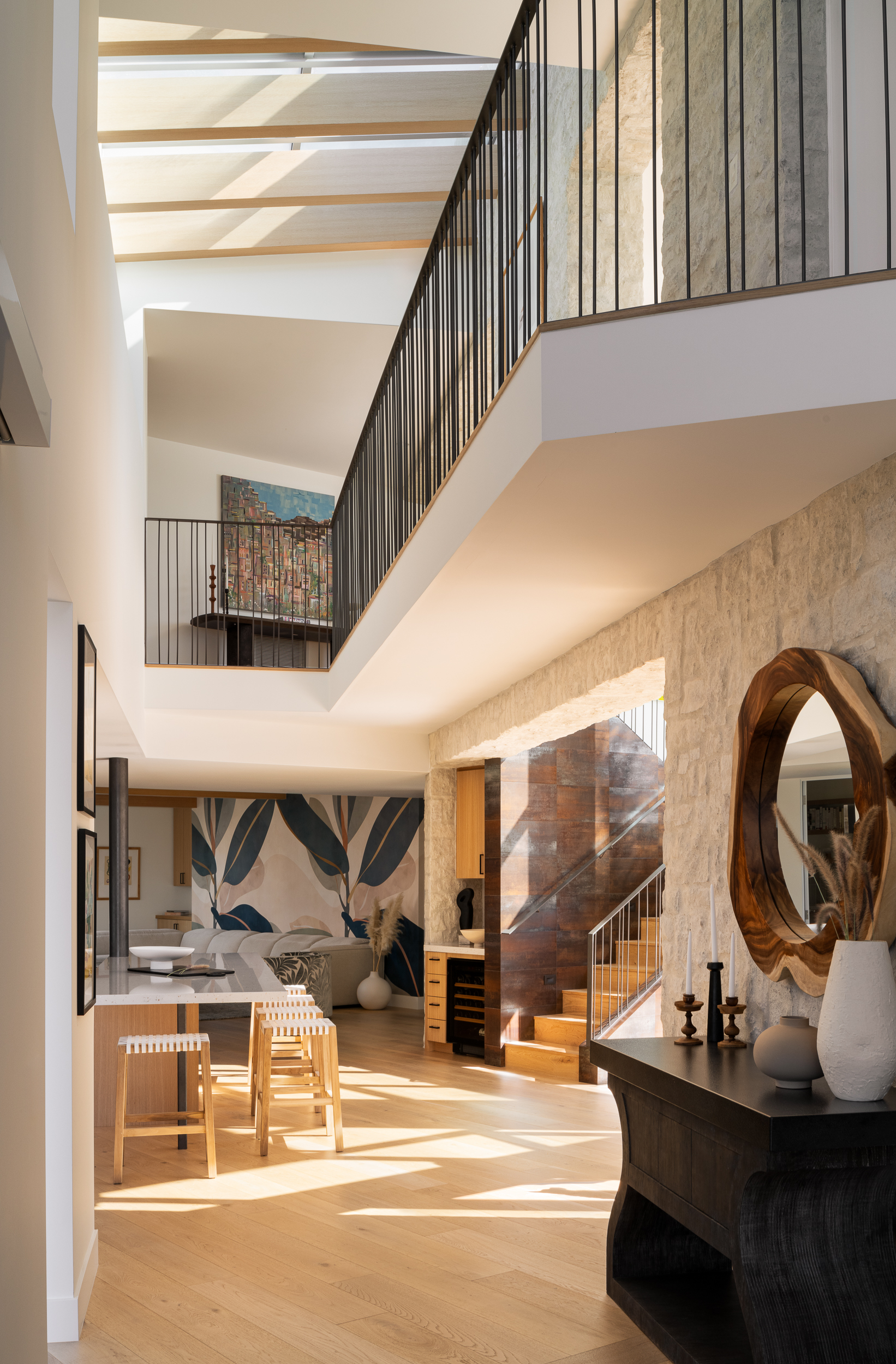 Interior stone wall and mezzanine